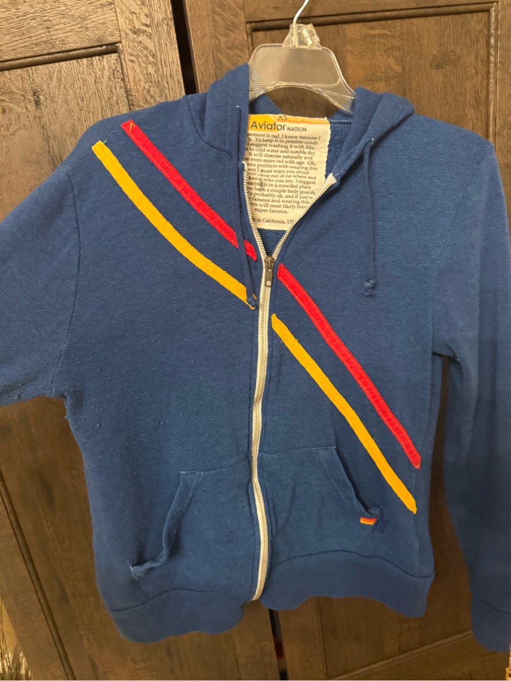 Aviator Nation Womens Blue Zip Hoodie with Red & Yellow Stripes